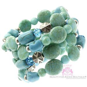 Rustic Adjustable Chunky Beaded Faux Turquoise Stone Silver Coil Bracelet NWT